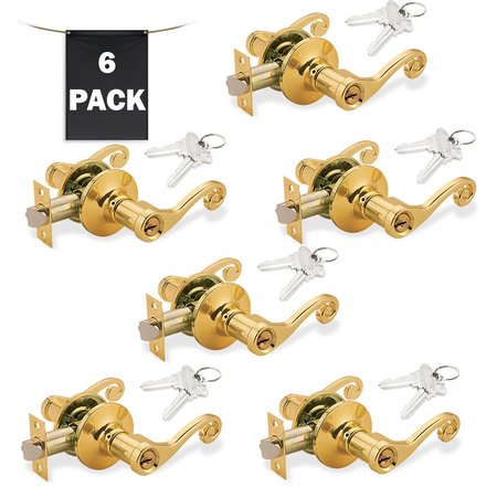 PREMIER LOCK Decorative Entry Door Lever Lock Set Set of 6, Keyed Alike, Polished Brass, 6PK LEV05X-6